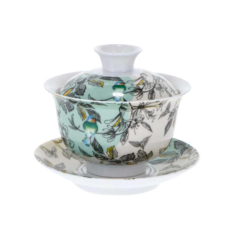 Porcelain Bird Print Gaiwan & Tasting Cups – image 2