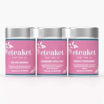 Eteaket's too cool for caffeine set includes 100g Keep Tins of Big Red Rooibos and Cranberry Apple Riot and a 50g Keep Tin of Perfect Peppermint