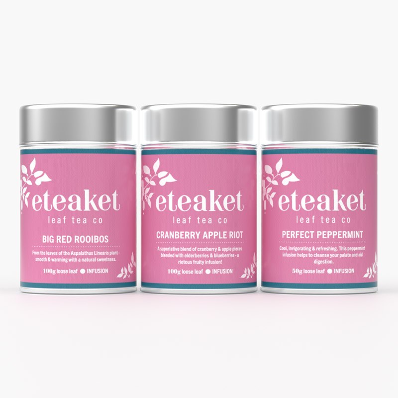 Eteaket's too cool for caffeine set includes 100g Keep Tins of Big Red Rooibos and Cranberry Apple Riot and a 50g Keep Tin of Perfect Peppermint