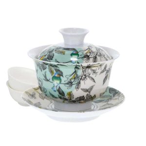 Porcelain Bird Print Gaiwan & Tasting Cups